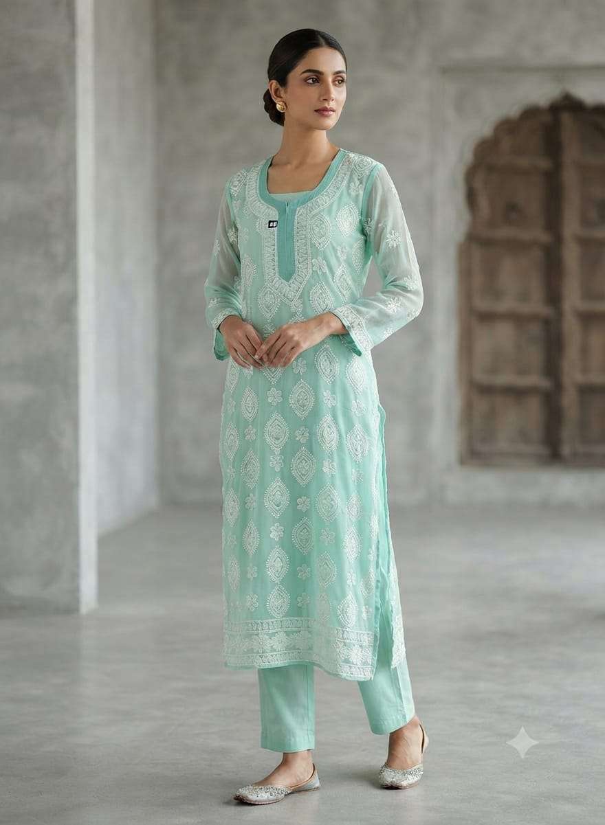 Sea Green Georgette Lucknowi Chikankari Kurta without inner in Berlin