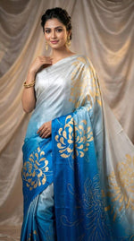 Chinon Silk Silver Grey and Blue Casual Wear Digital Print Work Saree in Germany