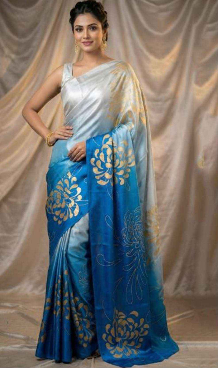 Chinon Silk Silver Grey and Blue Casual Wear Digital Print Work Saree in Germany
