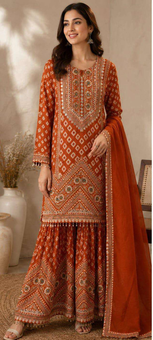 Rust Orange Embroidered Georgette Sharara Suit Set in Germany Namma Markt