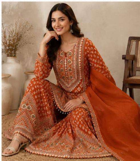 Rust Orange Embroidered Georgette Sharara Suit Set in Germany Namma Markt