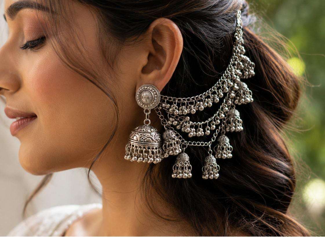 German Silver Oxidized Multi-Layer Bahubali Ear-Chain Jhumka in Germany