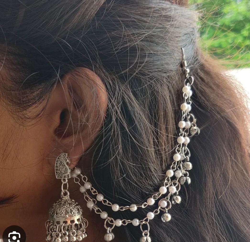 Traditional Oxidized Silver Jhumka Earrings with Pearl Ear Chains (Mattal / Sahara) in Germany
