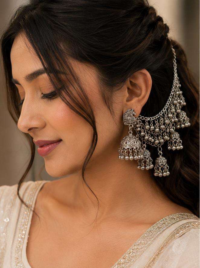 Traditional Silver Oxidized Bahubali Jhumka Hair Chain Earrings in Germany Namma Markt