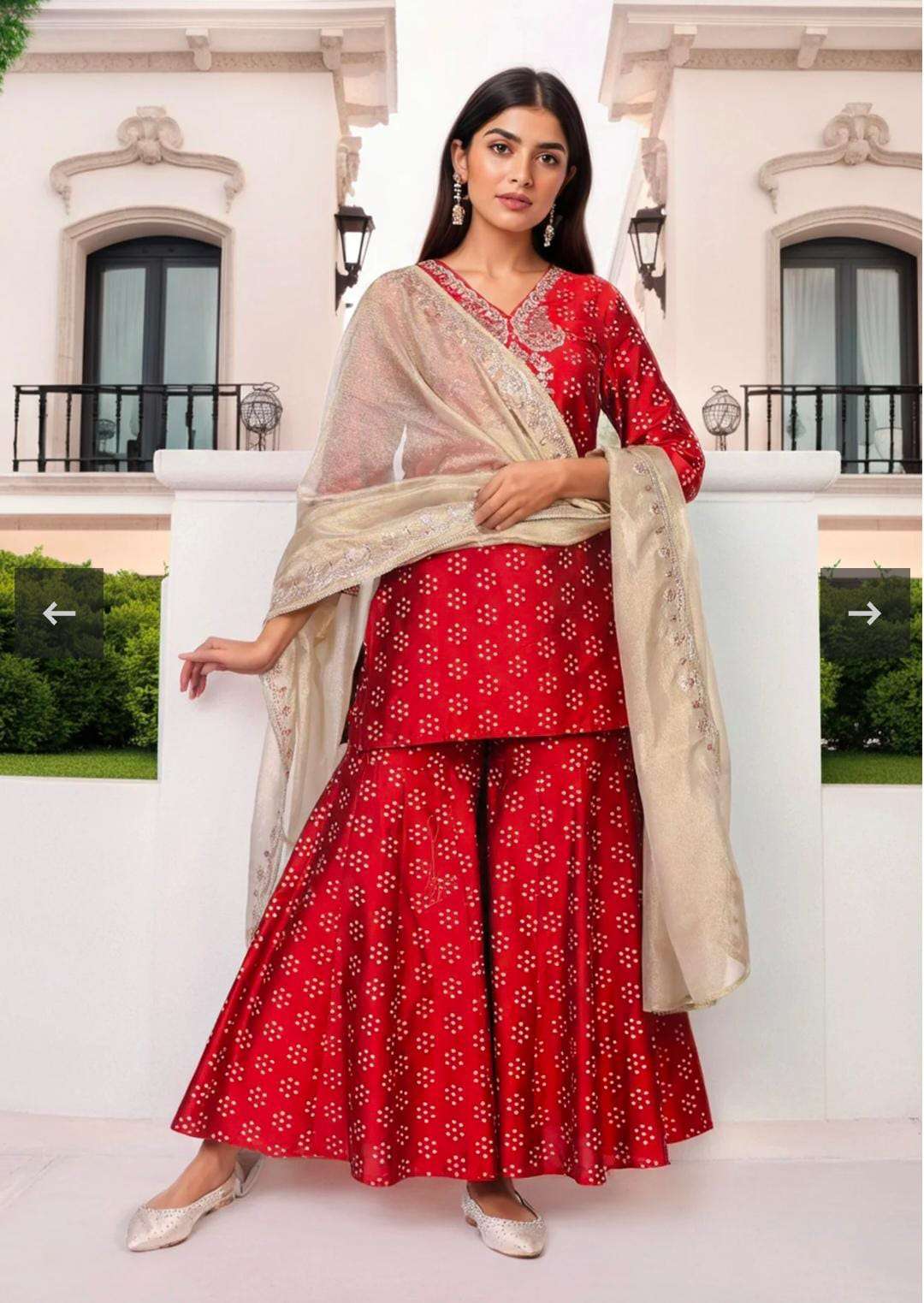 Red Embroidered Straight Art Silk Kurta with Sharara and Dupatta Set in Germany