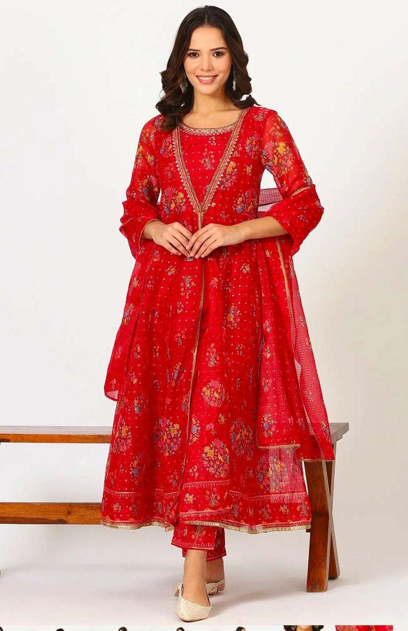 Red Polyester Printed 3-4th Sleeves Kurta Set