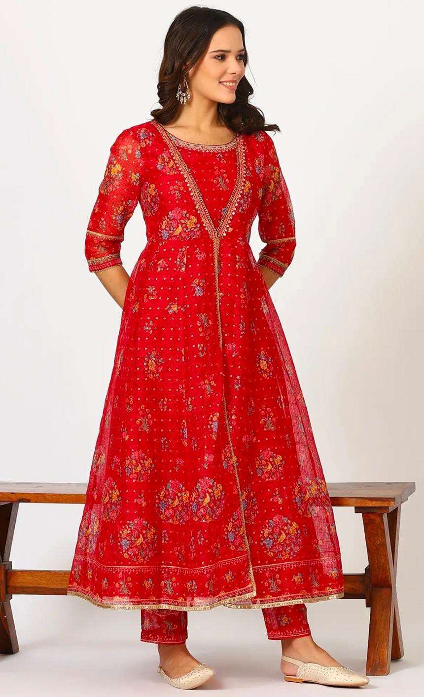 Red Polyester Printed 3/4th Sleeves Kurta Set in Germany