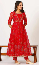 Red Polyester Printed 3/4th Sleeves Kurta Set in Germany