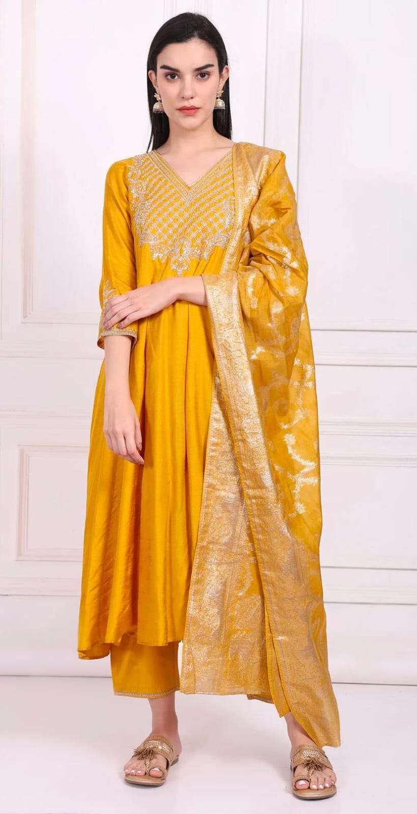Yellow Embroidered Silk Flared Kurta, Straight Pants and Dupatta Set in Germany Namma Markt