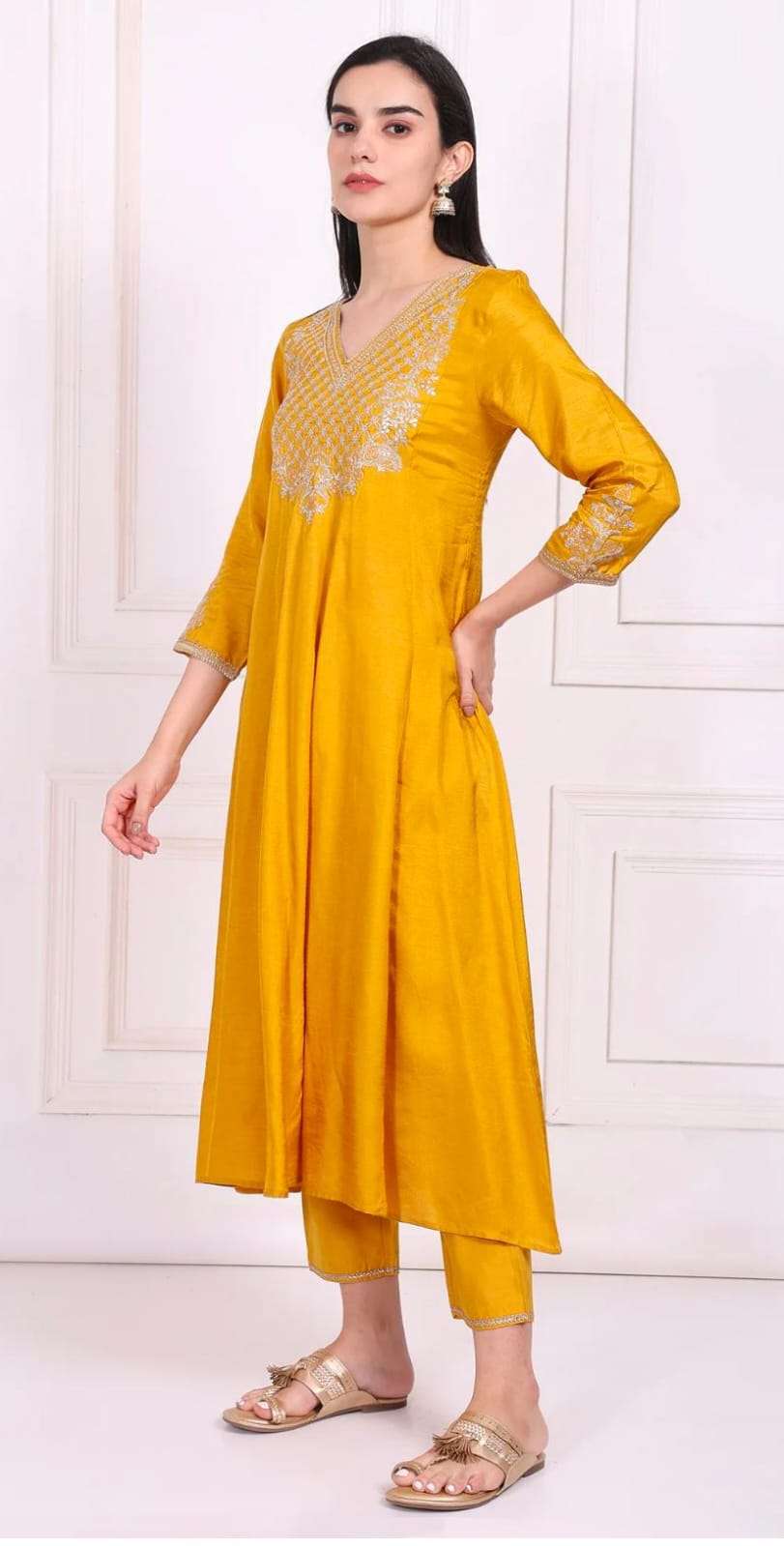 Yellow Embroidered Silk Flared Kurta, Straight Pants and Dupatta Set in Germany Namma Markt