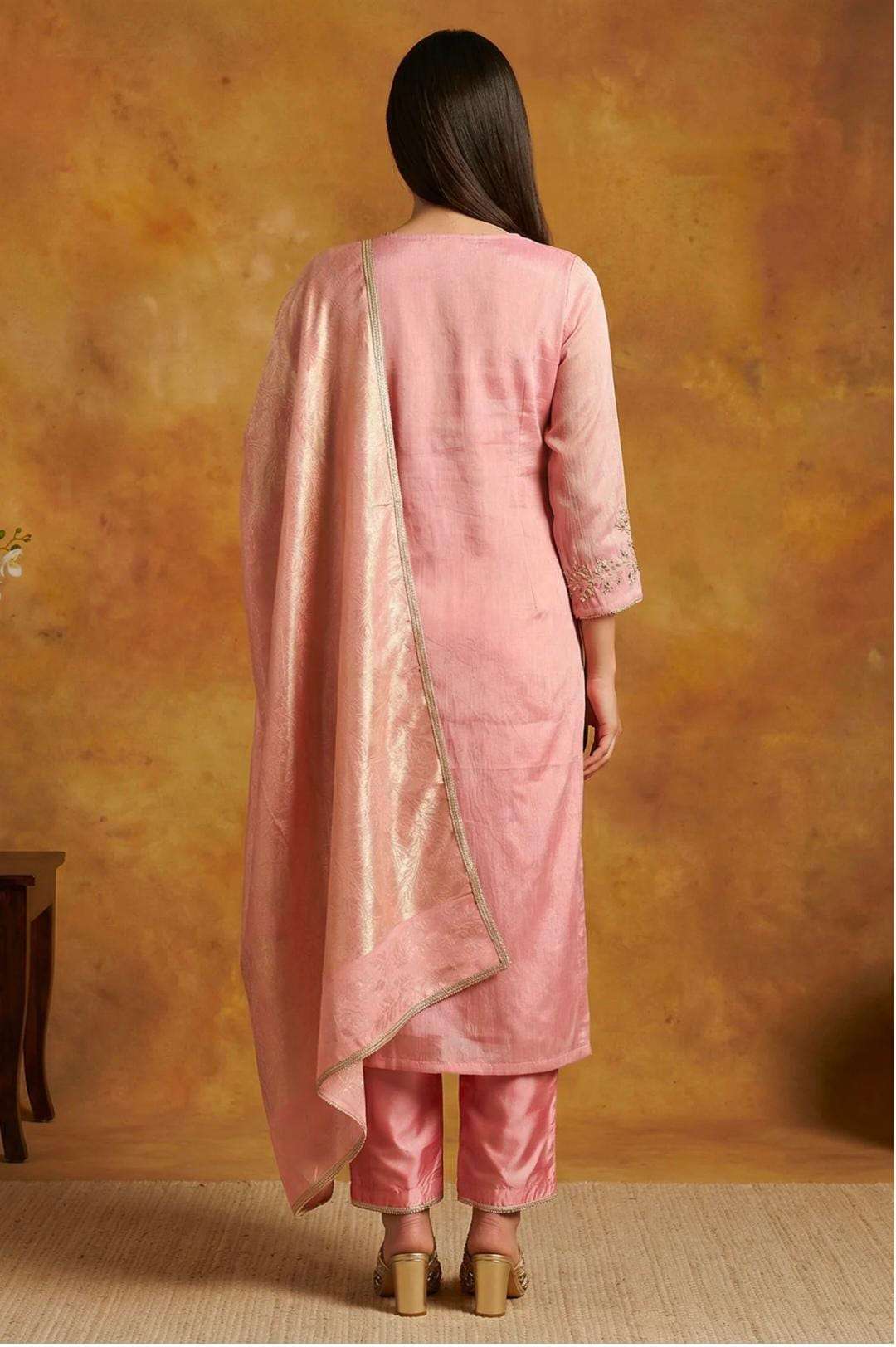 Pink Floral Tissue Straight Kurta with Straight Pant and Dupatta Set in Germany
