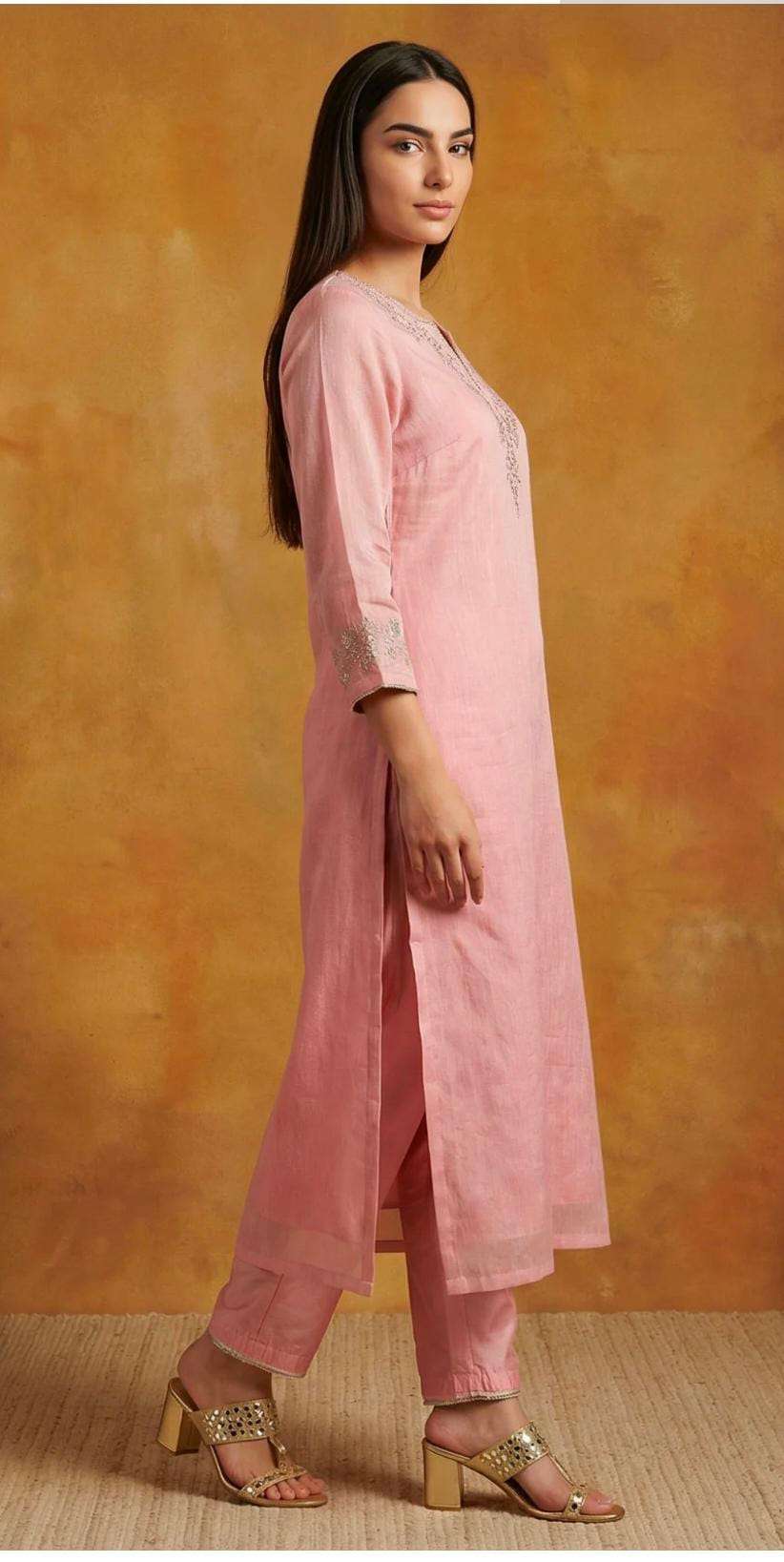 Pink Floral Tissue Straight Kurta with Straight Pant and Dupatta Set in Germany