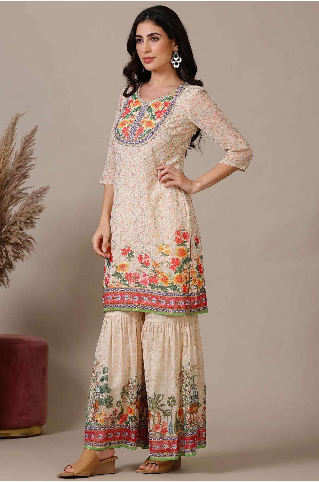 Beige Floral Printed Mirrir Work Short Kurta and Sharara Set with Dupatta in Germany