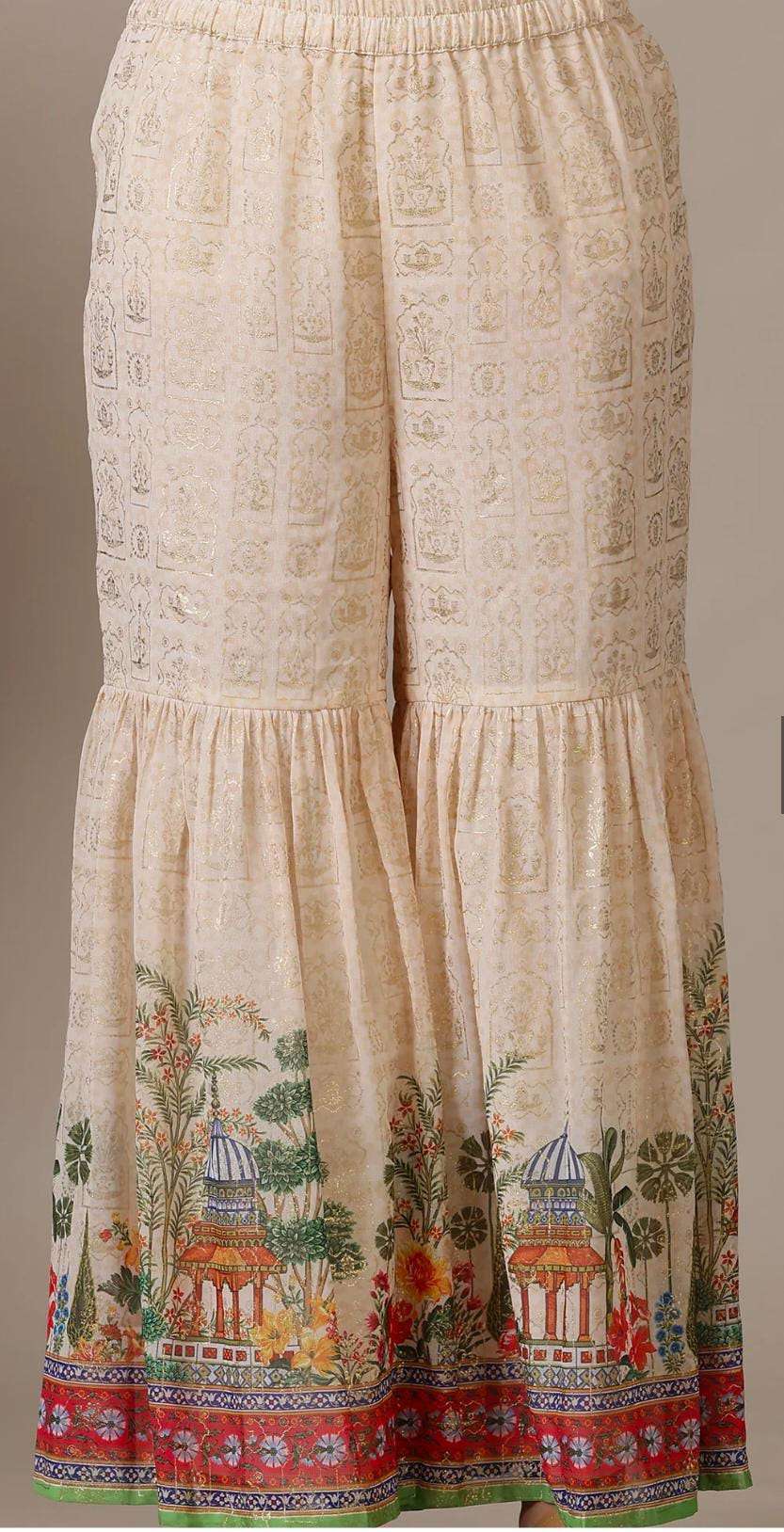 Beige Floral Printed Mirrir Work Short Kurta and Sharara Set with Dupatta in Germany