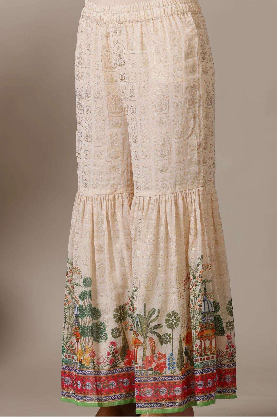 Beige Floral Printed Mirrir Work Short Kurta and Sharara Set with Dupatta in Germany