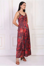 Maroon Floral Printed Sequined A-Line Satin Kurta with Flared Pant and Dupatta Set in Germany
