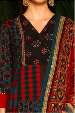 Black Multi-Coloured Patch Printed Metallic Embroidered A-Line Kurta, Pants And Dupatta Set in Germany