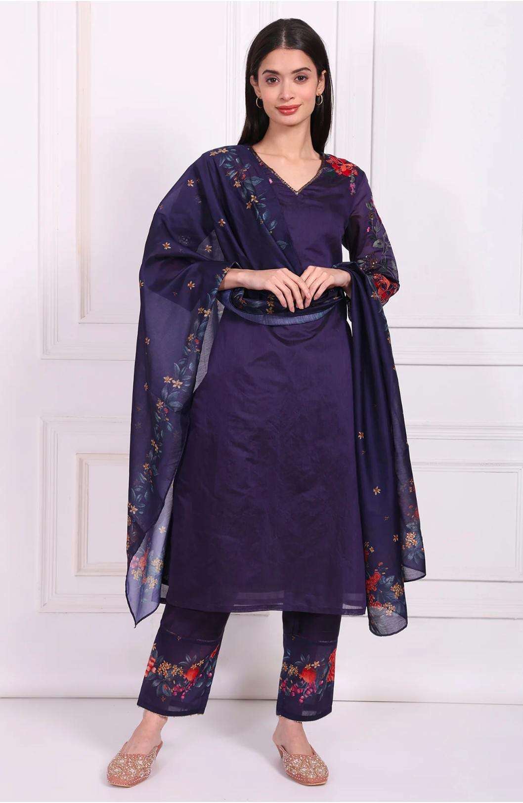 Purple Embroidered Straight Kurta with Straight Pant and Dupatta Set in Germany Namma Markt