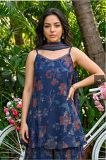 Navy Blue Floral Printed Chiffon Noodle Straps Straight Kurta with Sharara and Dupatta Set in Germany Namma Markt