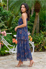 Navy Blue Floral Printed Chiffon Noodle Straps Straight Kurta with Sharara and Dupatta Set in Germany Namma Markt