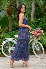 Navy Blue Floral Printed Chiffon Noodle Straps Straight Kurta with Sharara and Dupatta Set in Germany Namma Markt