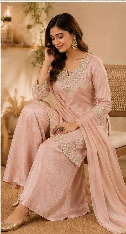 Dusty Pink Embroidered Crepe Palazzo Suit Set in Germany Namma Markt