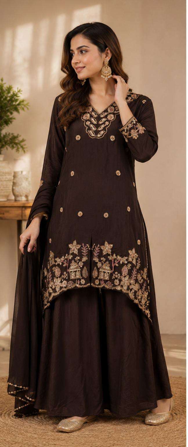 Coffee Brown Crepe Embroidered Sharara Suit with Moti Work in Germany