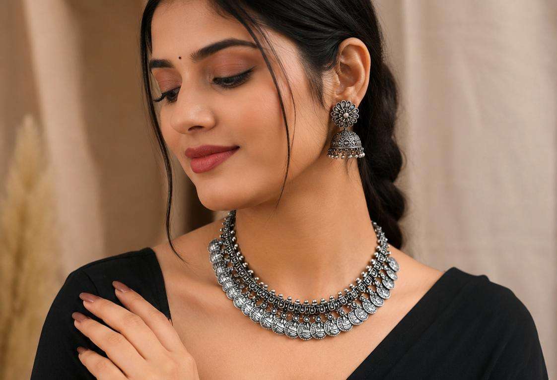 Ethnic Antique Oxidized Silver Coin Choker Necklace with Matching Jhumka Earrings Set in Germany