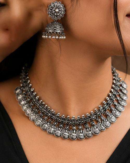 Ethnic Antique Oxidized Silver Coin Choker Necklace with Matching Jhumka Earrings Set in Germany
