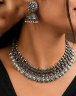 Ethnic Antique Oxidized Silver Coin Choker Necklace with Matching Jhumka Earrings Set in Germany