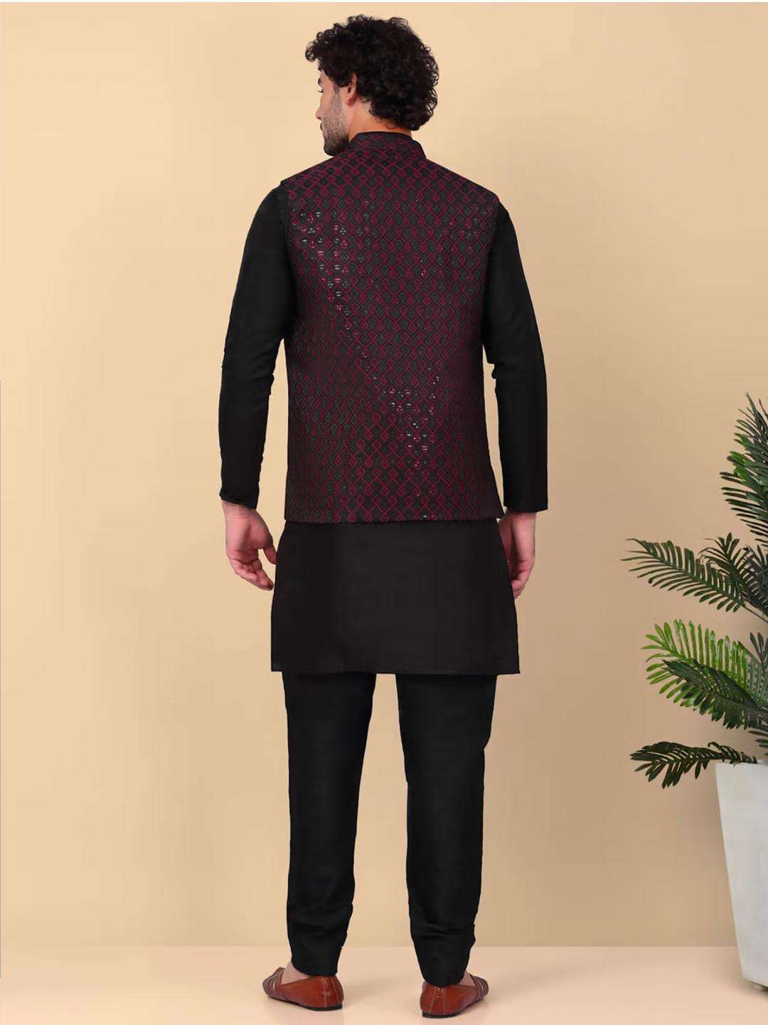 Men's Silk Blend Kurta and Churidar with Embroidered Pink Nehru Jacket in Berlin