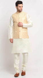 Men Silk Cream Kurta Churidar With Beige Embroidered Nehru Jacket Set in Berlin Namma Markt
