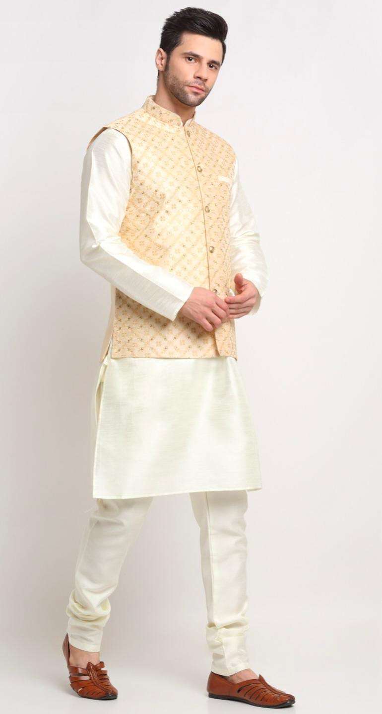 Men Silk Cream Kurta Churidar With Beige Embroidered Nehru Jacket Set in Berlin Namma Markt