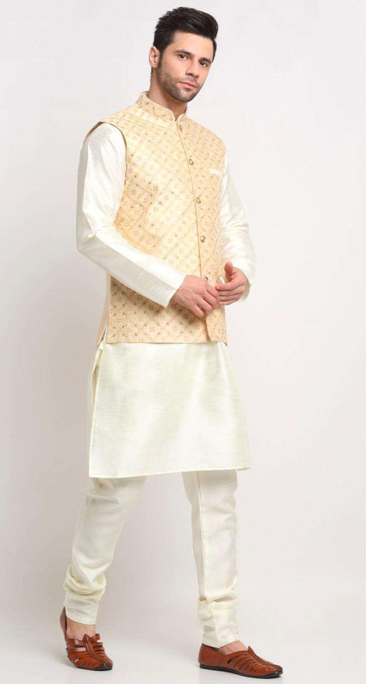 Men Silk Cream Kurta Churidar With Beige Embroidered Nehru Jacket Set in Berlin Namma Markt