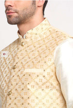 Men Silk Cream Kurta Churidar With Beige Embroidered Nehru Jacket Set in Berlin Namma Markt