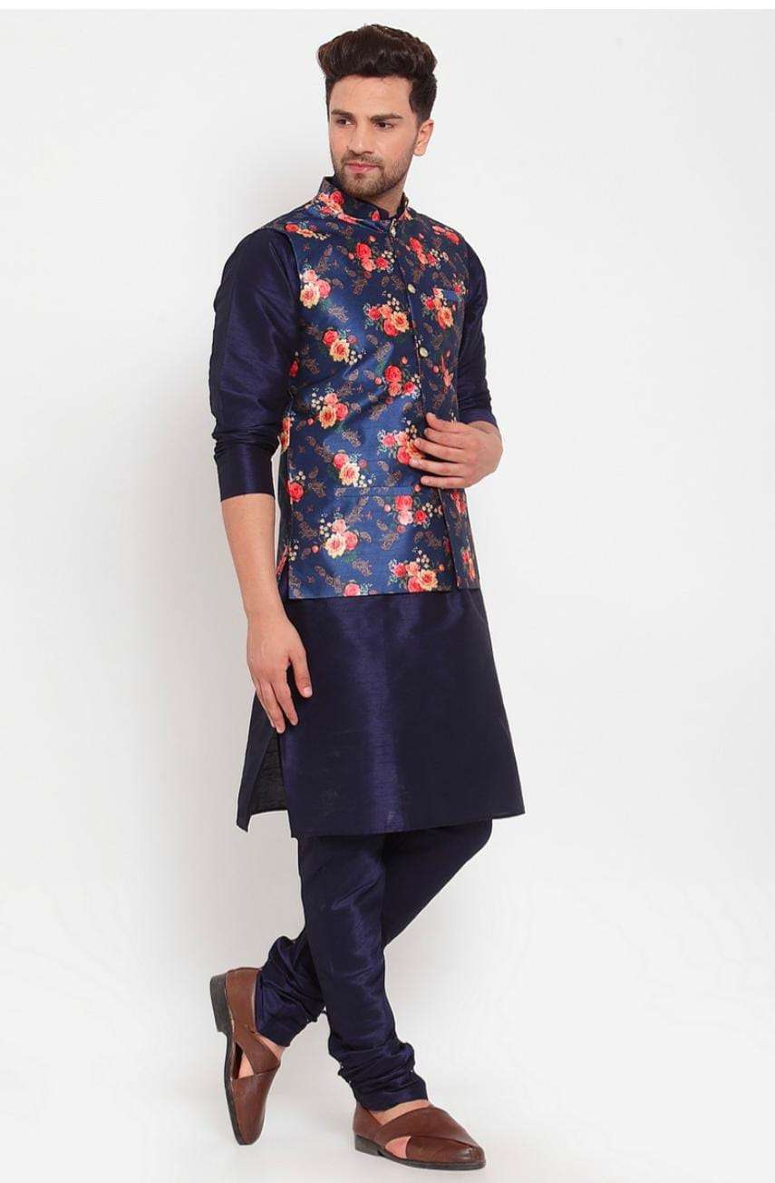 Men Navyblue & Blue Kurta With Churidar & Printed Nehru Jacket in Berlin