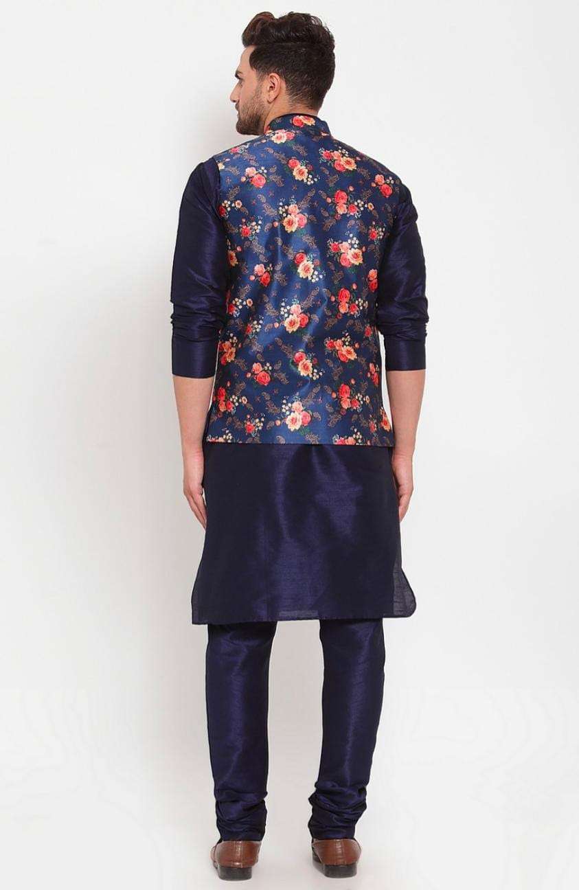 Men Navyblue & Blue Kurta With Churidar & Printed Nehru Jacket in Berlin