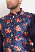 Men Navyblue & Blue Kurta With Churidar & Printed Nehru Jacket in Berlin