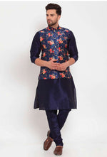 Men Navyblue & Blue Kurta With Churidar & Printed Nehru Jacket in Berlin