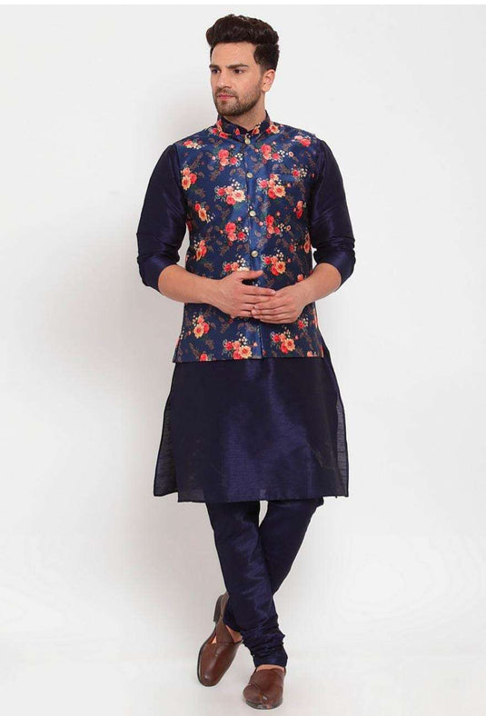 Men Navyblue & Blue Kurta With Churidar & Printed Nehru Jacket in Berlin