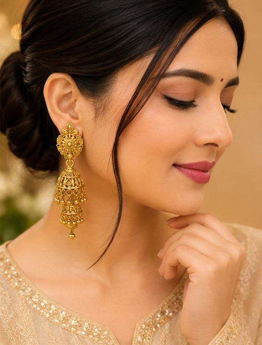 Traditional 3-Step Gold Jhumka Earrings in Berlin