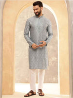 Kurta in Cotton and Viscose with Shiny Thread and Sequins, White Pyjamas in Berlin