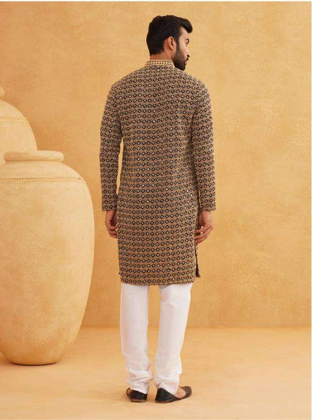 Men Cotton Contrast Embroidered Sequinned Gold Long Kurta set in Berlin