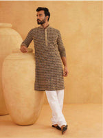 Men Cotton Contrast Embroidered Sequinned Gold Long Kurta set in Berlin