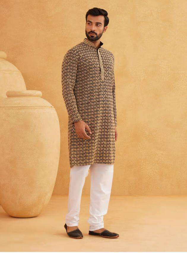 Men Cotton Contrast Embroidered Sequinned Gold Long Kurta set in Berlin