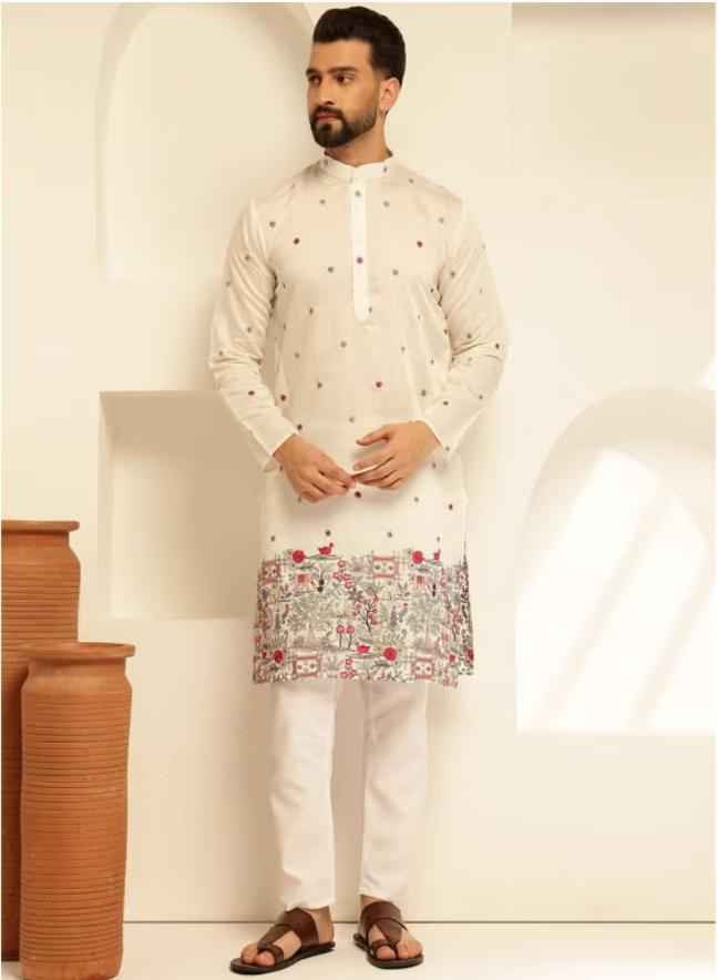 Floral Embroidered Cotton Silk Kurta and Pyjama for Men in Germany