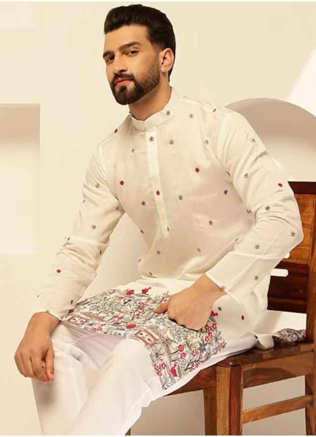 Floral Embroidered Cotton Silk Kurta and Pyjama for Men in Germany