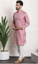 Men's Jacquard Silk Pink Kurta and Off-White Pyjama With Cream Nehru Jacket in Berlin