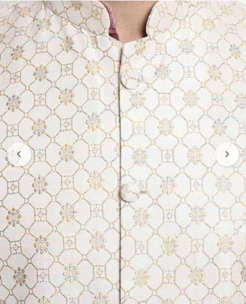 Men's Jacquard Silk Pink Kurta and Off-White Pyjama With Cream Nehru Jacket in Berlin