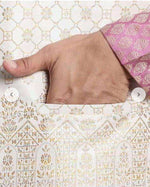 Men's Jacquard Silk Pink Kurta and Off-White Pyjama With Cream Nehru Jacket in Berlin